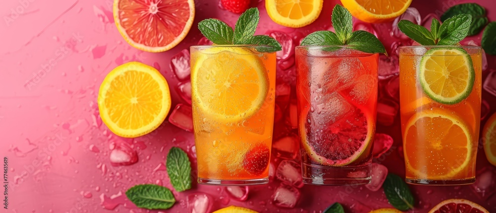 A collection of oranges, lemons, and raspberries arranged on a pink surface A collection of oranges, lemons, and raspberries arranged on a pink surface