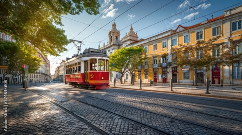 Red vintage tram on a cobbled street in Lisbon, architectural cityscape view.
