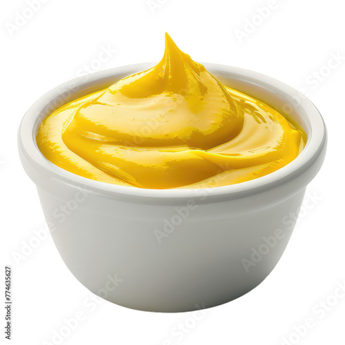 Mustard in white bowl isolated on transparent background