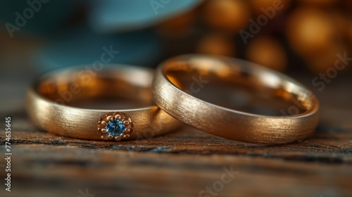  Two gold wedding rings, one featuring a blue diamond in its center, intimately placed on a weathered wooden surface