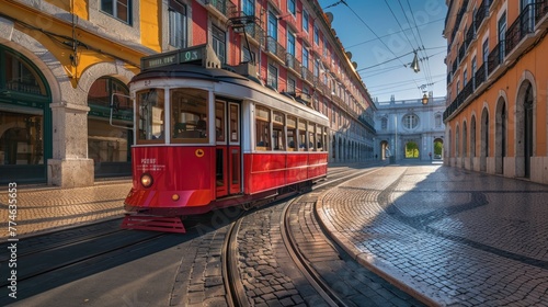 Red vintage tram on a cobbled street in Lisbon, architectural cityscape view.