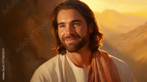 Embrace tranquility with this serene sunset portrait of Jesus Christ. Ideal for bringing a touch of peace and spirituality to any setting, perfect for religious and inspirational publications. © Farnaces