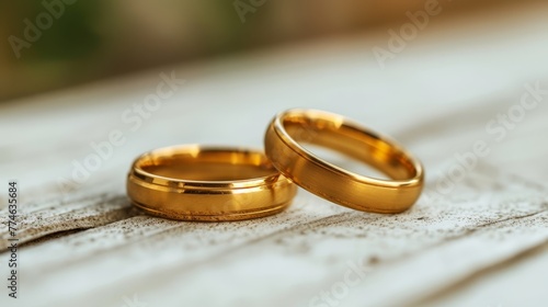   Two gold wedding rings atop a white tablecloth, covered by a piece of fabric