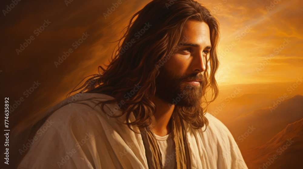 Embrace tranquility with this serene sunset portrait of Jesus Christ. Ideal for bringing a touch of peace and spirituality to any setting, perfect for religious and inspirational publications. Embrace tranquility with this serene sunset portrait of Jesus Christ. Ideal for bringing a touch of peace and spirituality to any setting, perfect for religious and inspirational publications.