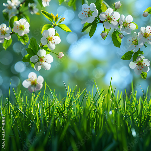  Fondo de primavera con hierba verde, flores y hojas en vector photo