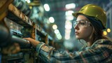 Female Worker Inspecting Metal Parts in Manufacturing Plant