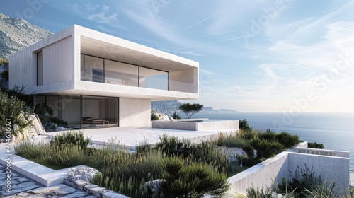 Modern minimalist villa terrace with sea view. © Julia Jones