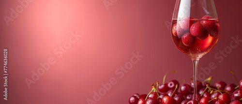   A glass of wine with cherries on the rim and a cluster at the bottom