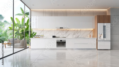 Sleek white kitchen interior with marble countertops and natural light