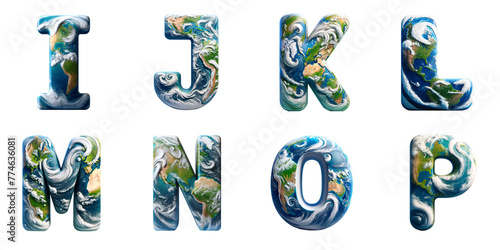 Artistic Representation of Planet Earth: Alphabet letters I, J, K, L, M, N, O, P with earth textures and elements