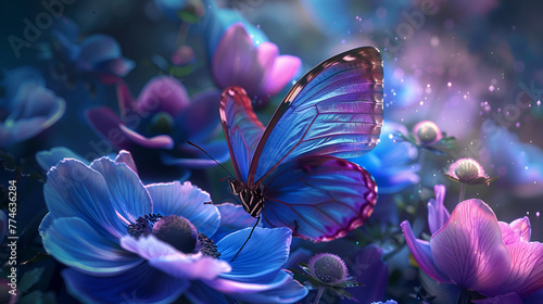 Beautiful purple blue butterfly on an anemone forest flower in spring nature, close-up macro,Butterflies flying on blue flowers, purple butterfly on a background of flowers. Floral background. Toned. © sami