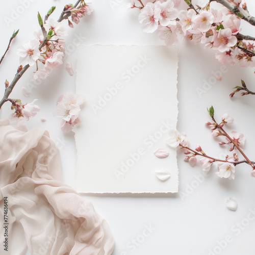 sakura branches on a white background with pink blossoms and transparent fabric. Apple blossom on a branch on a white paper background