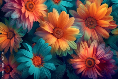  A cluster of vibrant blooms surrounded by blue, orange, and red flowers
