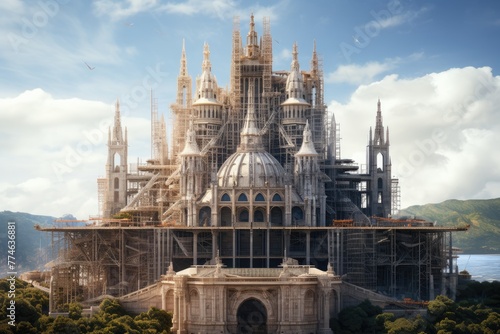 Construction of a cathedral, Construction progress of a majestic cathedral, The majestic cathedral stands tall against the dark city, AI generated