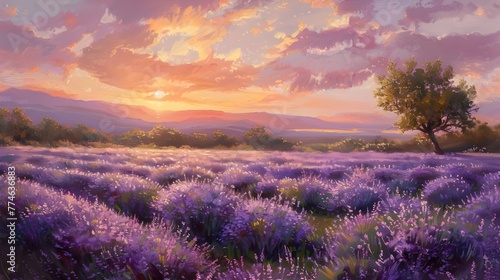 Lavender flower field. Violet lavender field sanset close up. Lavender flowers in pastel colors at blur background. Nature background with lavender in the field Ai generated © Hamid