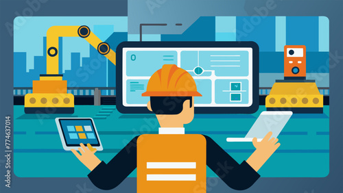 An upclose view of a hightech AR tablet being used by a worker on the assembly line displaying stepbystep instructions and realtime production