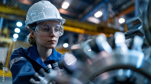 Female Worker Inspecting Metal Parts in Manufacturing Plant