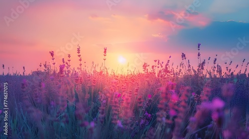 Lavender flower field. Violet lavender field sanset close up. Lavender flowers in pastel colors at blur background. Nature background with lavender in the field Ai generated  © Hamid