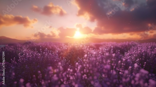 Lavender flower field. Violet lavender field sanset close up. Lavender flowers in pastel colors at blur background. Nature background with lavender in the field Ai generated 