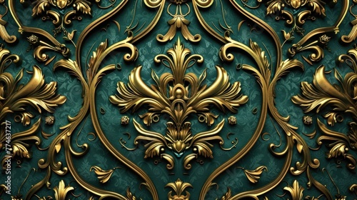 Vintage green and gold baroque pattern wallpaper design.