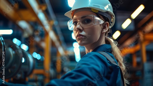 Female Worker Inspecting Metal Parts in Manufacturing Plant