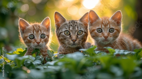   Three kittens standing together on verdant grass and leaves © Mikus
