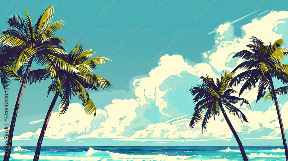 landscape of sea and palms in summer. Design of social media, banner, poster, newsletter, advertisement, leaflet, placard, brochure, wallpaper, t-shirt, 