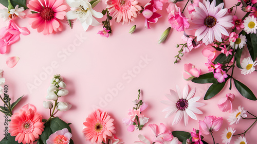 Red flowers and cherry blossom frame layout. Stylish spring flowers composition on pink background flat lay. Floral greeting card template with space for text. Happy Mothers day and Womens day © sami