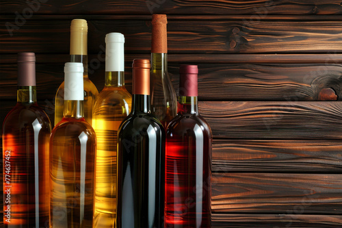 Row of Wine Bottles on Wooden Table