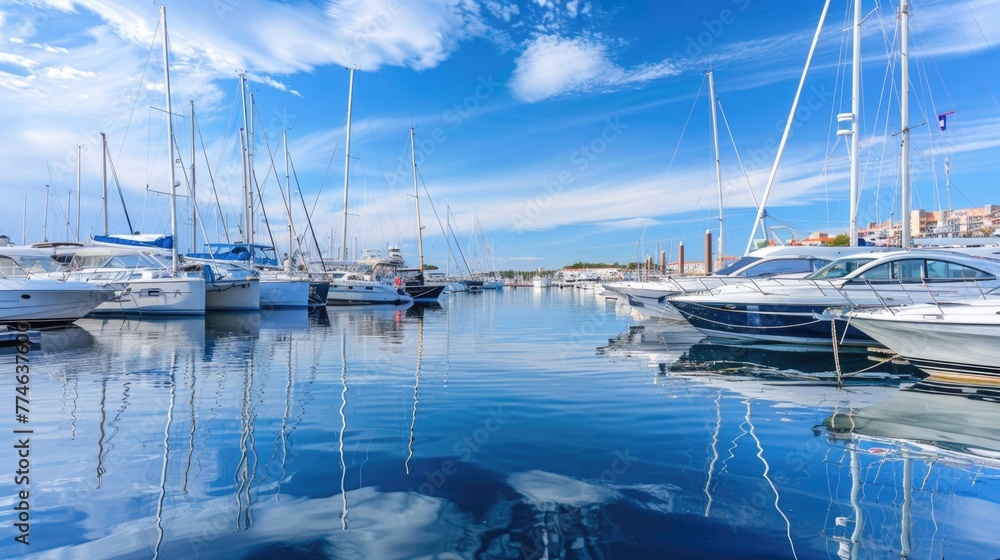 Fototapeta premium Sailboats moored in calm marina waters. Nautical lifestyle and luxury yachting concept