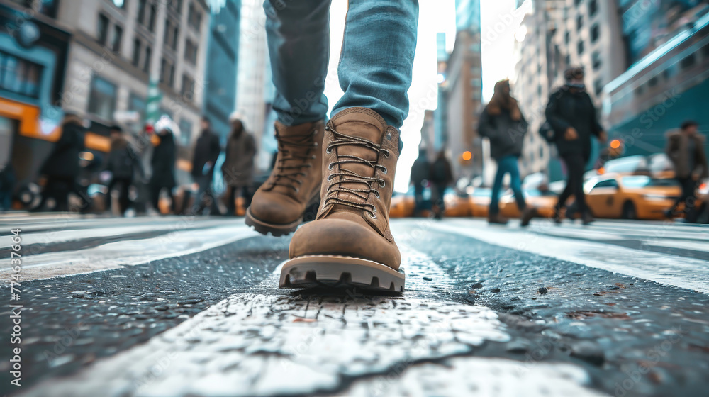 Close-up of a man walking on a city sidewalk, wearing brown boots