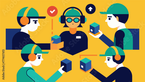 A topdown view of a group of factory workers using AR headsets to visualize and coordinate the assembly of a new product efficiently working