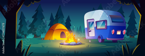 Trailer camp in night forest. Vector cartoon illustration of retro van near tent and bonfire burning on glade, house on wheels for summer vacation travel and camping, midnight sky, fir tree woodland