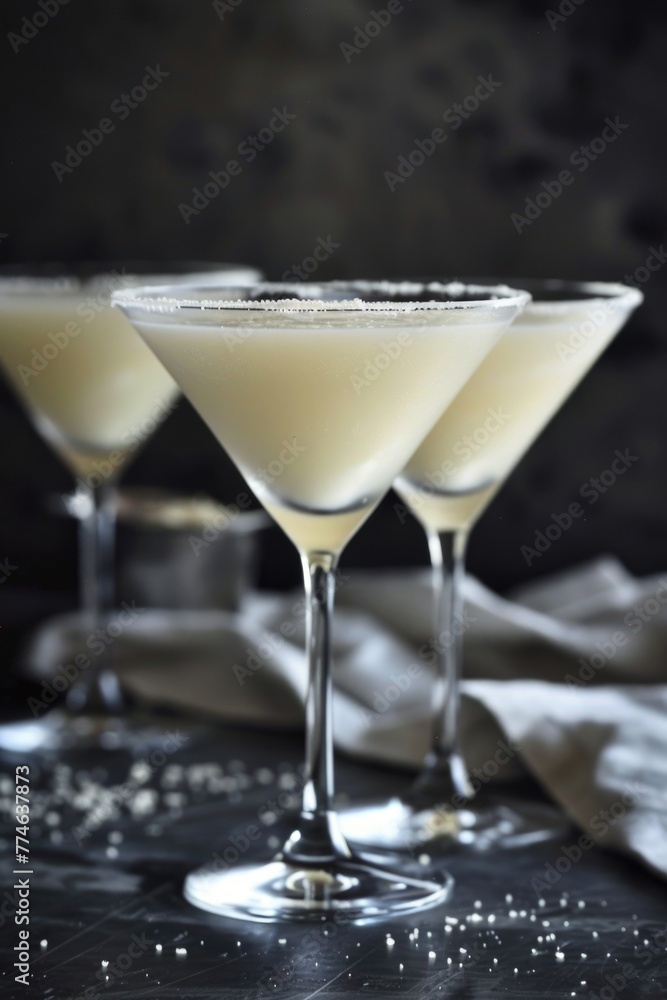 Martini glasses rimmed with coconut flakes, filled with a creamy cocktail. Martini glasses rimmed with coconut flakes, filled with a creamy cocktail.