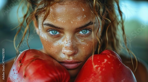 Female boxer with blue eyes and red gloves. Intense portrait shot with sweat detail photo