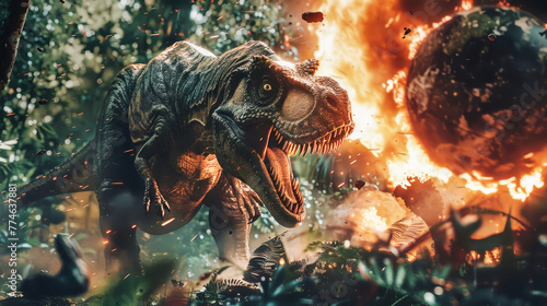 A dinosaur standing in a forest with a fiery explosion in the background