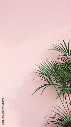 Vertical textured pale pink color background with dark green plant and shadow for poster, invitation, greeting card, flyer, save the date, Instagram stories, etc.