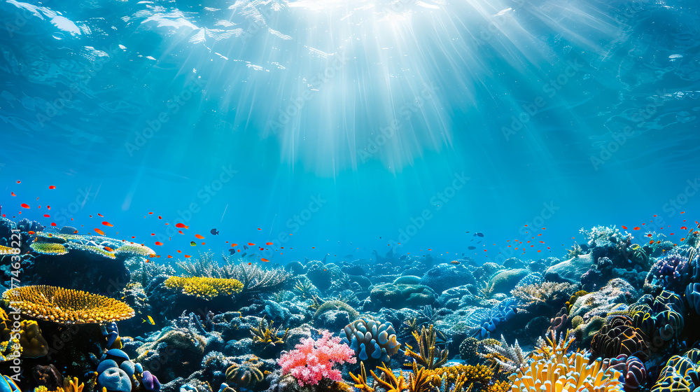 Colorful tropical and fish coral reef ecosystem on blue ocean background and sunrays with copy space. - obrazy, fototapety, plakaty 