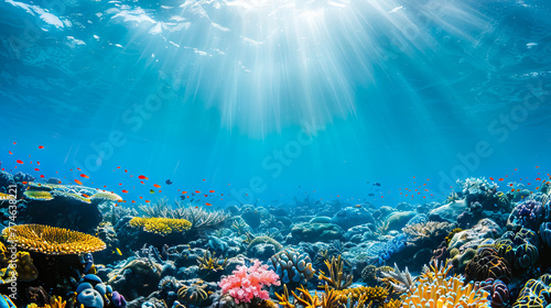 Colorful tropical and fish coral reef ecosystem on blue ocean background and sunrays with copy space.