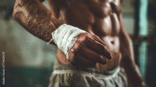 Boxer's hands wrapped in white bandages. Close-up studio shot with focus on hands