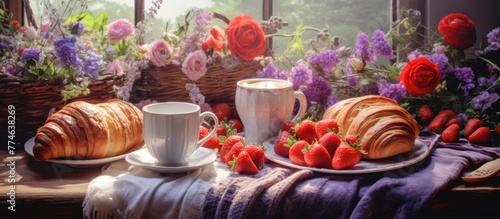 A selection of ripe strawberries and a buttery croissant placed on a plate, positioned beside a steaming cup of coffee