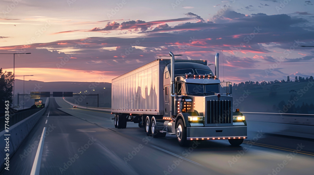 A cargo semi-truck drives down a highway under the sunset sky, with the sun casting a warm glow on the landscape A cargo semi-truck drives down a highway under the sunset sky, with the sun casting a warm glow on the landscape