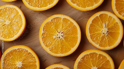  A collection of sliced oranges arranged on a wooden table