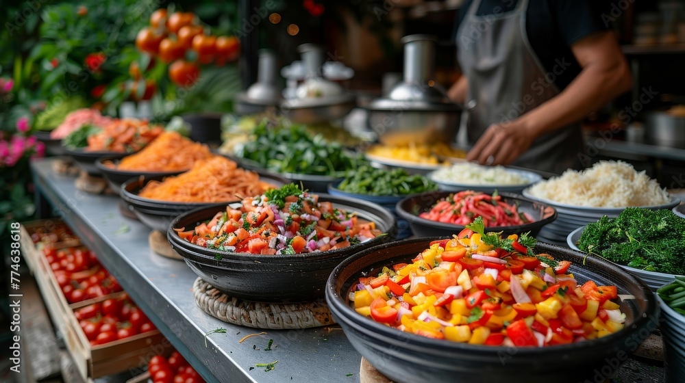 Naklejka premium Local Cuisine: Take pictures of local dishes and street food, focusing on presentation and authenticity.
