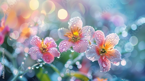 Blossoming flowers spritzed by fresh dew drops ,Generative ai, 