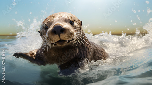 A Rare Sighting Of A Jungle Otter Playing Along A animal rare wildlife with water background  © Safia