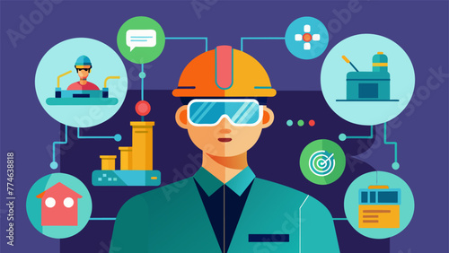 A detailed image of a factory worker utilizing AR goggles as various holographic images appear in front of them to ist in the assembly process.