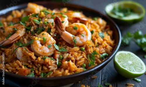  A bowl of rice, tightly filled, with shrimp nestled atop Garnished with vibrant cilantro and a sliced lime nearby