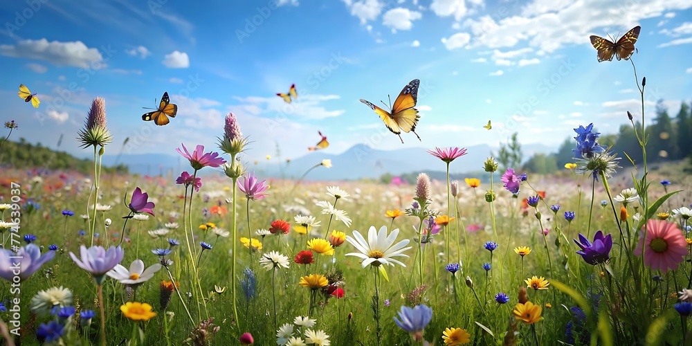 Spring Meadow With Blossoming Wildflowers & Butterflies, Spring background, spring landscape
