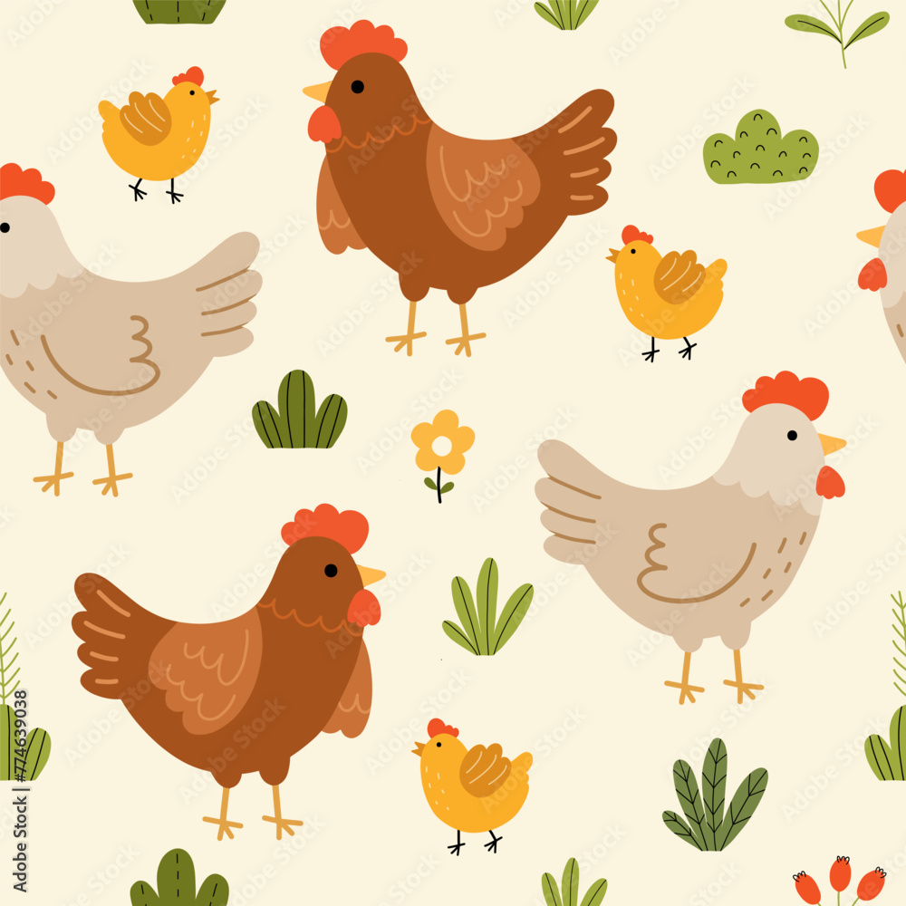 Seamless pattern with cute hen, chicks, flowers and leaves for your fabric, children textile, apparel, nursery decoration, gift wrap paper. Vector illustration - obrazy, fototapety, plakaty 